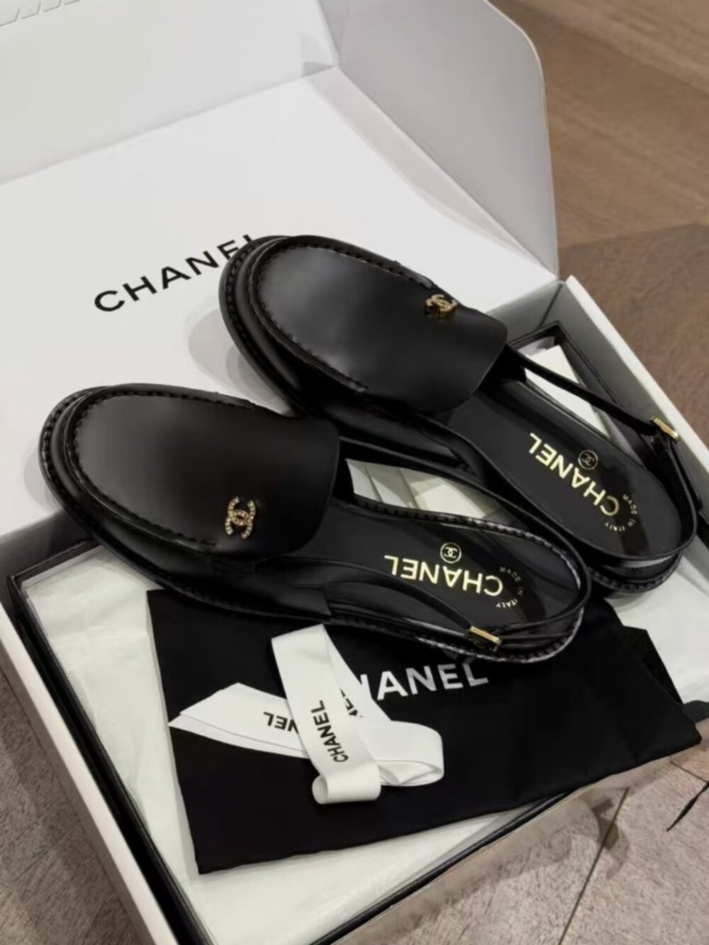 Chanel Crystal CC Logo Slingback Loafers
